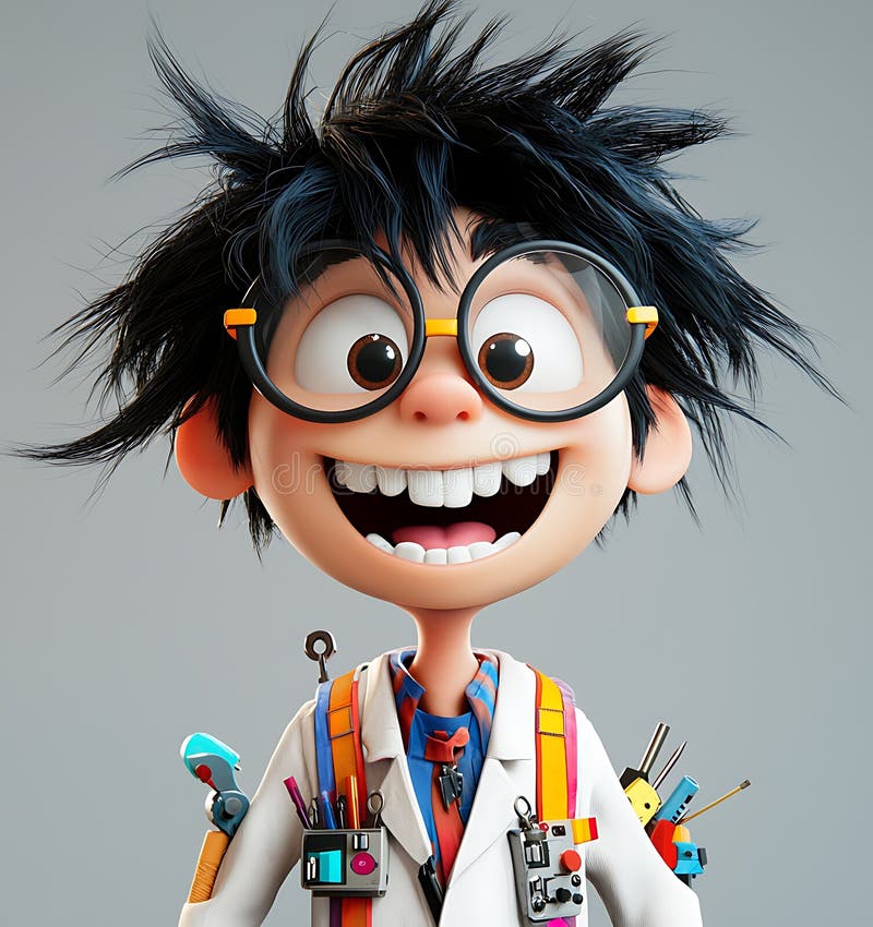 Niño sonriente inventor 3d de un joven científico alegre con artilugios libre illustration