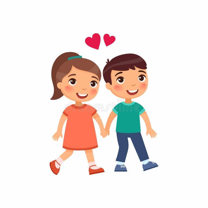 Niño y niña enamorados, ilustración vectorial plana. novio lindo y novia sosteniendo manos con personajes de caricatura.