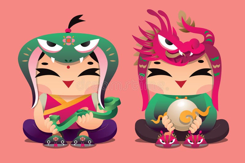 Niños afortunados del zodiaco chino: Serpiente y dragón ilustración del vector Niños afortunados del zodiaco chino: Serpiente y dragón ilustración del vector