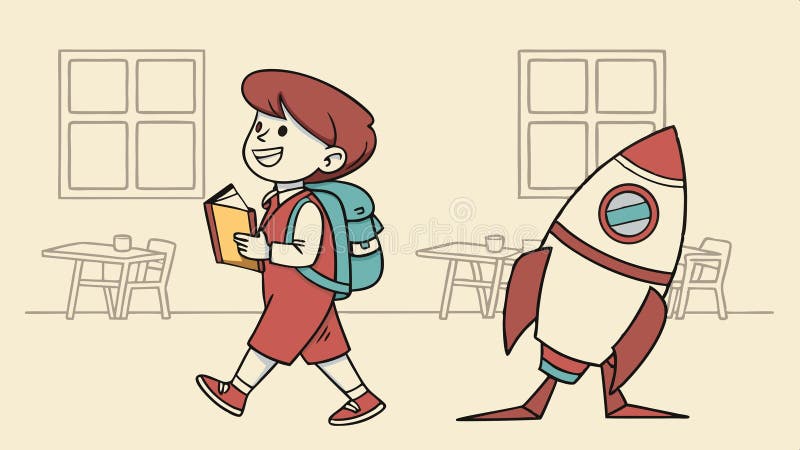 Ilustración de niños caminando con mochila y cohete. Diseño vectorial de educación y ambición, generado por IA stock de ilustración