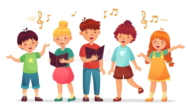 Niños cantantes La escuela de música, el grupo del niño y los niños vocales cantan a coro cantan el ejemplo del vector de la hist