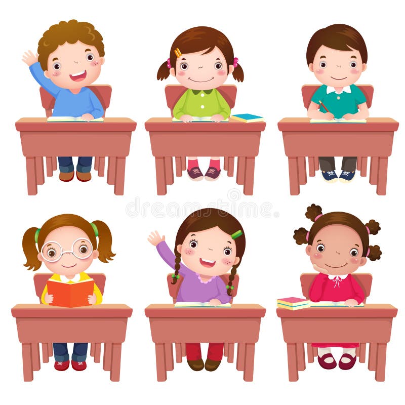Niños de la escuela que se sientan en la tabla ilustración del vector