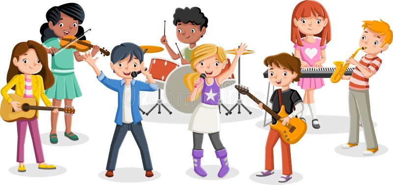 Niños de la historieta que juegan en una banda de rock-and-roll
