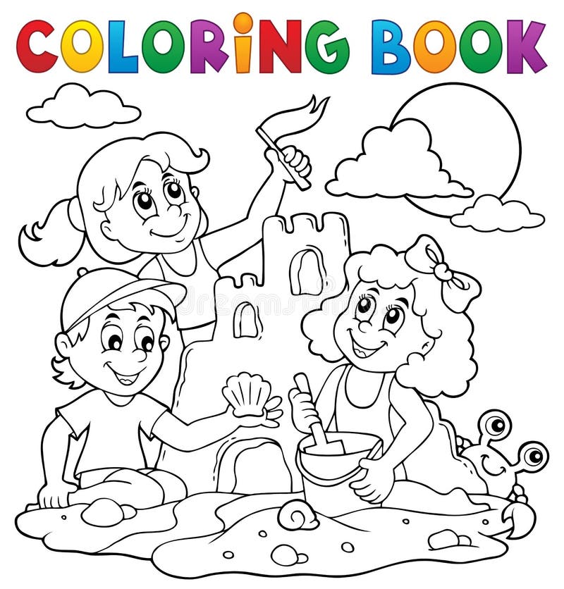 Niños del libro de colorear y castillo de la arena libre illustration Niños del libro de colorear y castillo de la arena libre illustration