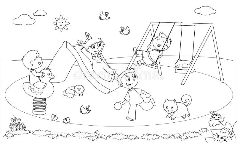 Niños en el vector del colorante del patio stock de ilustración Niños en el vector del colorante del patio stock de ilustración