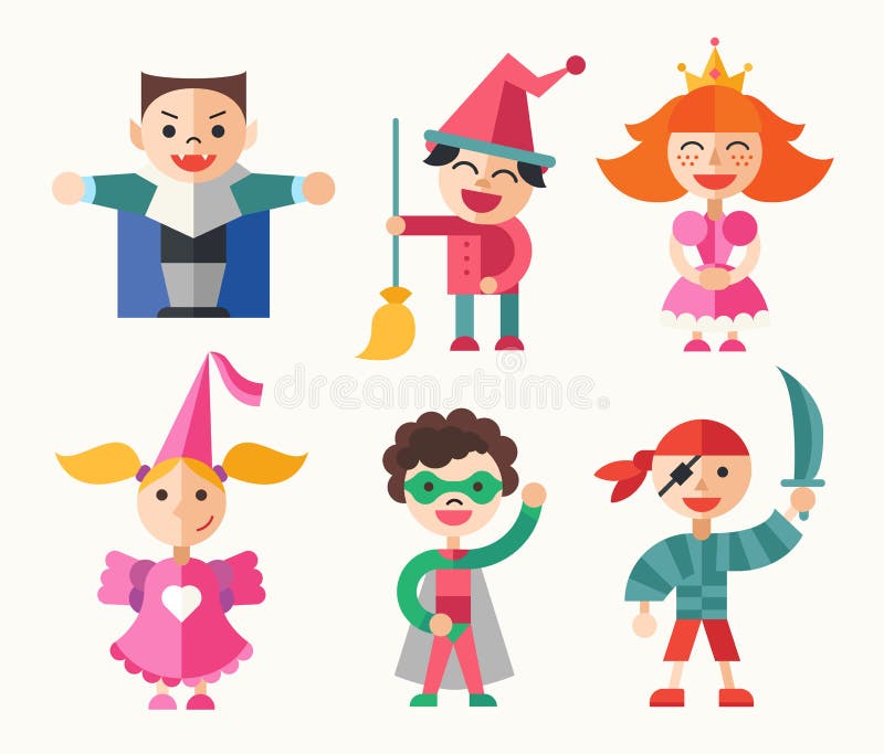 Niños en los trajes del carnaval - caracteres planos del diseño fijados stock de ilustración Niños en los trajes del carnaval - caracteres planos del diseño fijados stock de ilustración