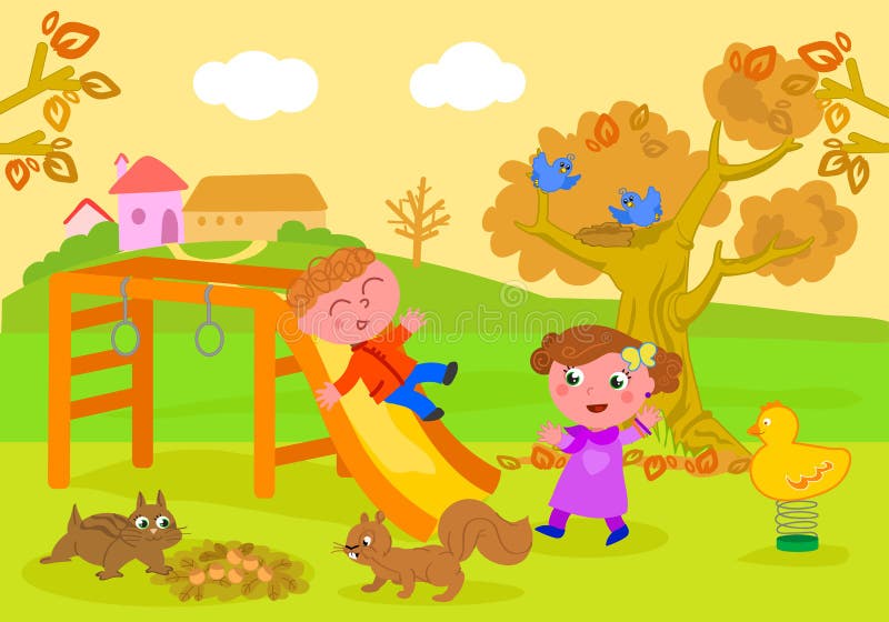 Niños en parque en vector del otoño stock de ilustración Niños en parque en vector del otoño stock de ilustración