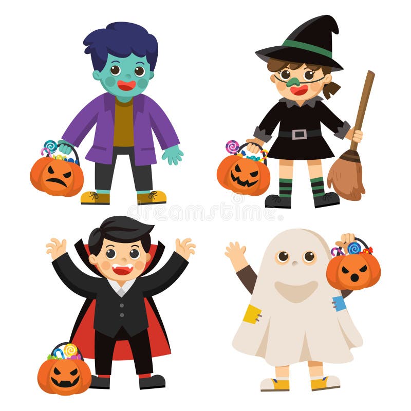 Niños en trajes coloridos y cesta de la calabaza con el caramelo stock de ilustración Niños en trajes coloridos y cesta de la calabaza con el caramelo stock de ilustración
