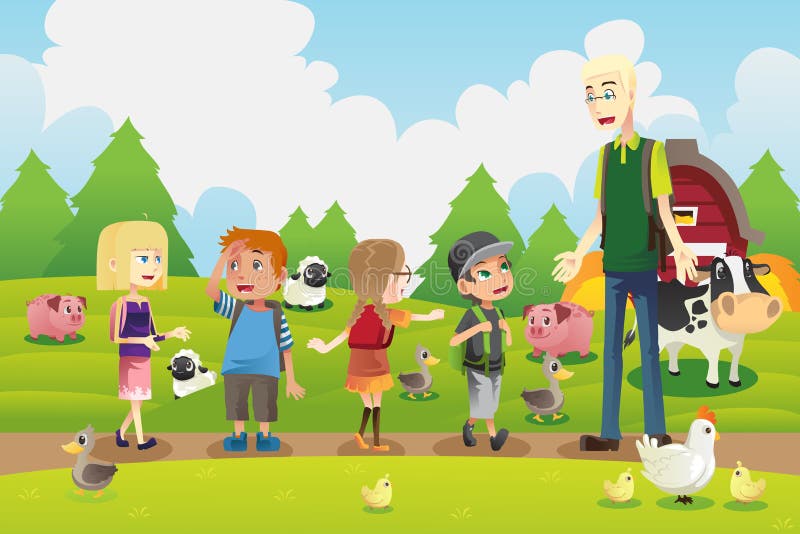 A vector illustration of a group of kids on a field trip to a farm with their teacher. A vector illustration of a group of kids on a field trip to a farm with their teacher