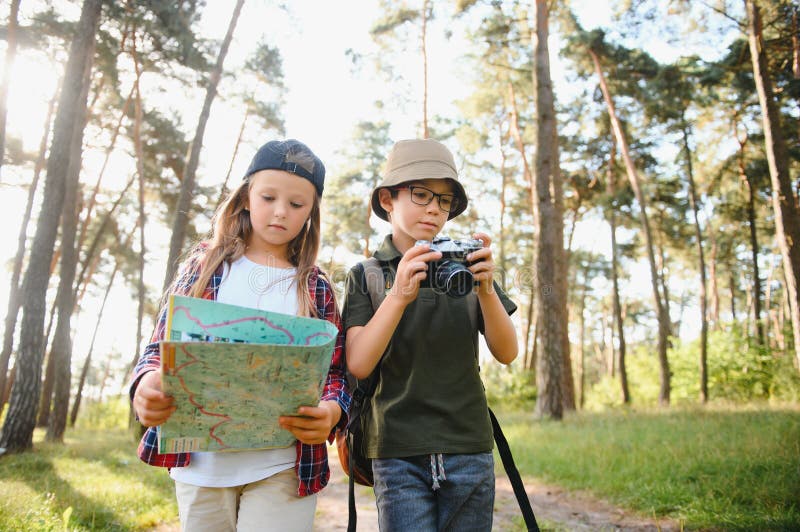 Niños exploradores en el bosque. fotografía de archivo libre de regalías