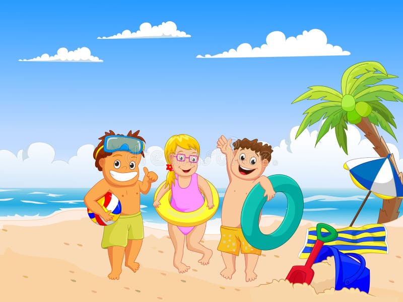 Niños felices del verano en la playa ilustración del vector Niños felices del verano en la playa ilustración del vector
