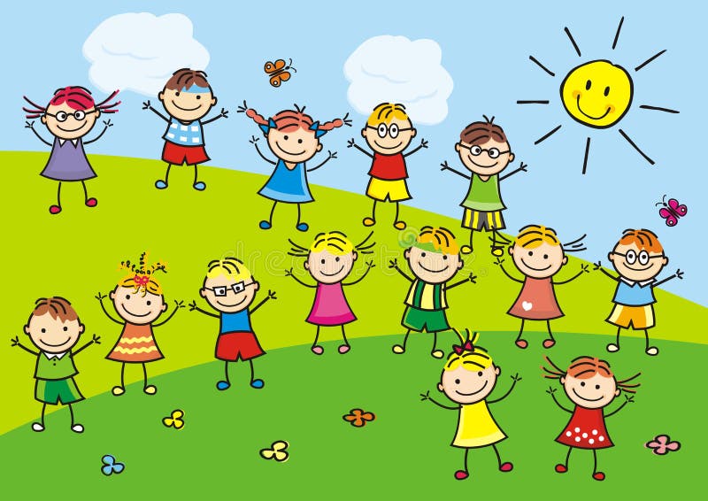 Niños felices en el prado, ejemplo del vector Muchachas y muchachos