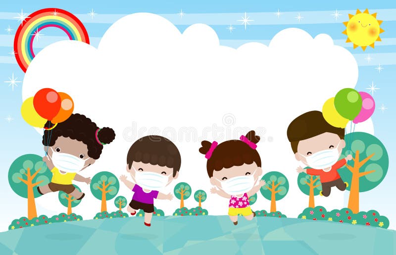 Niños felices sosteniendo globos saltando en la pradera niños jugando juntos niños usar mascarilla de la cara proteger el virus de