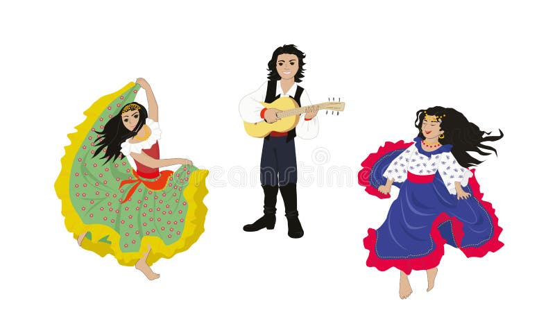 Gypsies. Gypsy children are singing, playing guitar and dancing - vector illustration. Grrls are with long black hair and in long skirts. Boy plays guitar. Gypsies. Gypsy children are singing, playing guitar and dancing - vector illustration. Grrls are with long black hair and in long skirts. Boy plays guitar.