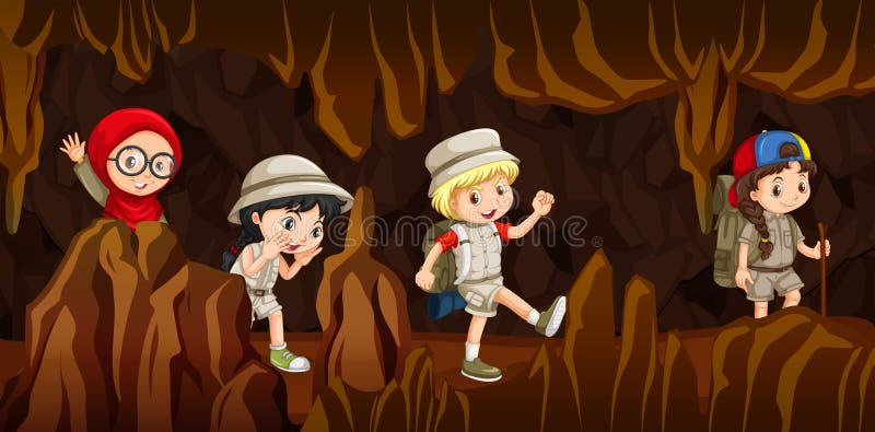 Niños jovenes que exploran una cueva stock de ilustración Niños jovenes que exploran una cueva stock de ilustración