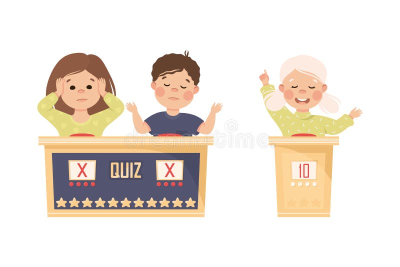 Niños jugando al juego de preguntas o deporte mental parados en el botón de prensa respondiendo al juego de preguntas del vector stock de ilustración