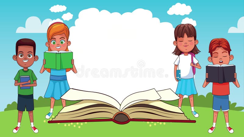 Niños pequeños estudiantes leyendo libros en el campamento personajes animados stock de ilustración