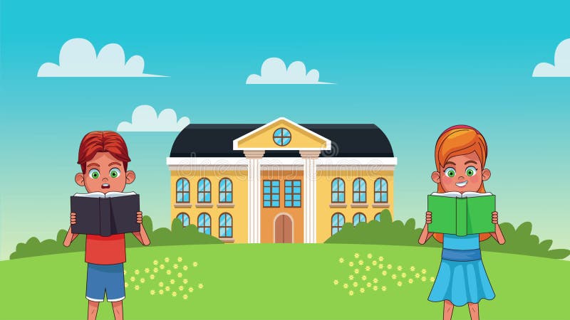 Niños pequeños estudiantes leyendo libros en personajes animados de la escuela ilustración del vector