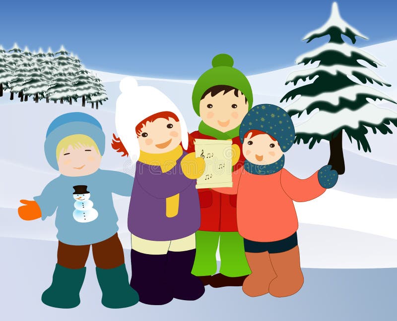 Graphic illustration of four happy children singing carols on Christmas time. Christmas card. Graphic illustration of four happy children singing carols on Christmas time. Christmas card.