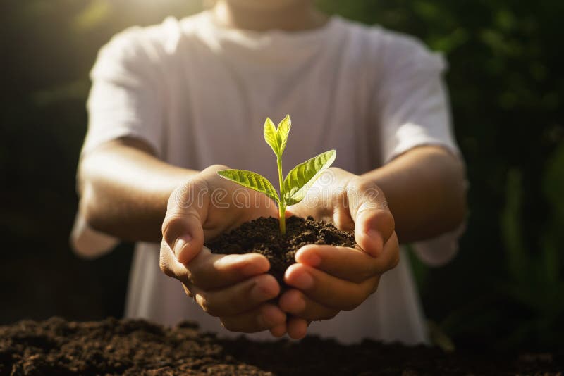 Niños que cuidan la plántula mano que sostiene el pequeño árbol en luz de la mañana foto de archivo.