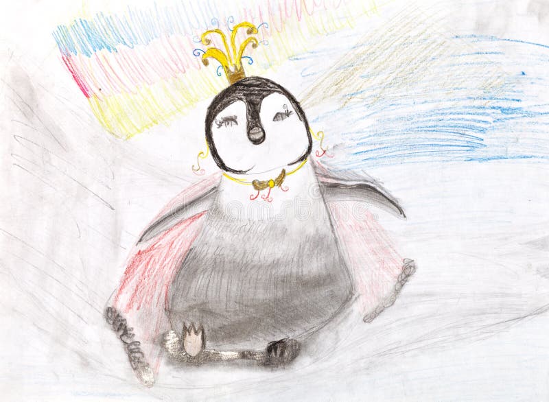 Niños que dibujan - pingüino con la corona ilustración del vector Niños que dibujan - pingüino con la corona ilustración del vector
