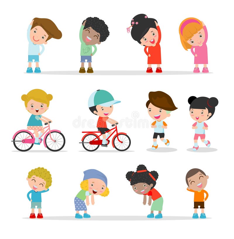 Niños que ejercitan, niños que estiran, niño que ejercita, niños felices que ejercitan, ejemplo lindo plano del diseño de la hist stock de ilustración Niños que ejercitan, niños que estiran, niño que ejercita, niños felices que ejercitan, ejemplo lindo plano del diseño de la hist stock de ilustración