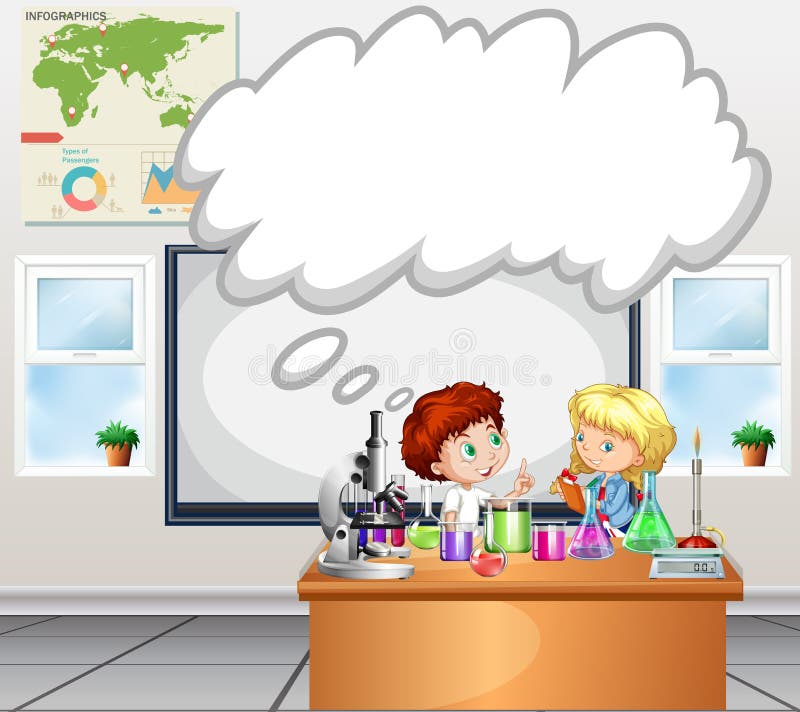 Niños que hacen el experimento en la sala de clase stock de ilustración Niños que hacen el experimento en la sala de clase stock de ilustración