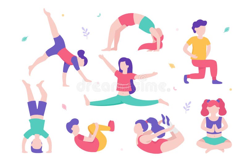 Niños que hacen el sistema de ejercicios físicos de diversas actitudes y personajes de dibujos animados lindos de niños en el fon ilustración del vector Niños que hacen el sistema de ejercicios físicos de diversas actitudes y personajes de dibujos animados lindos de niños en el fon ilustración del vector