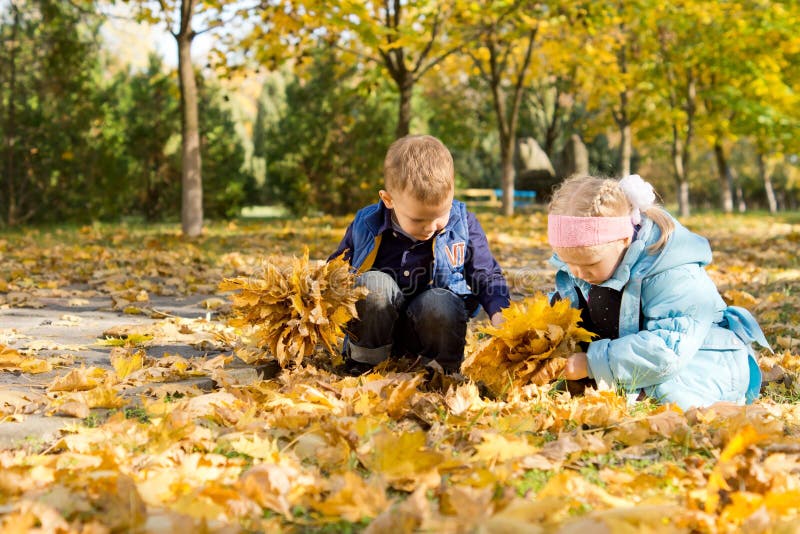 Niños que juegan en una alfombra de las hojas de otoño imágenes de archivo libres de regalías Niños que juegan en una alfombra de las hojas de otoño imágenes de archivo libres de regalías