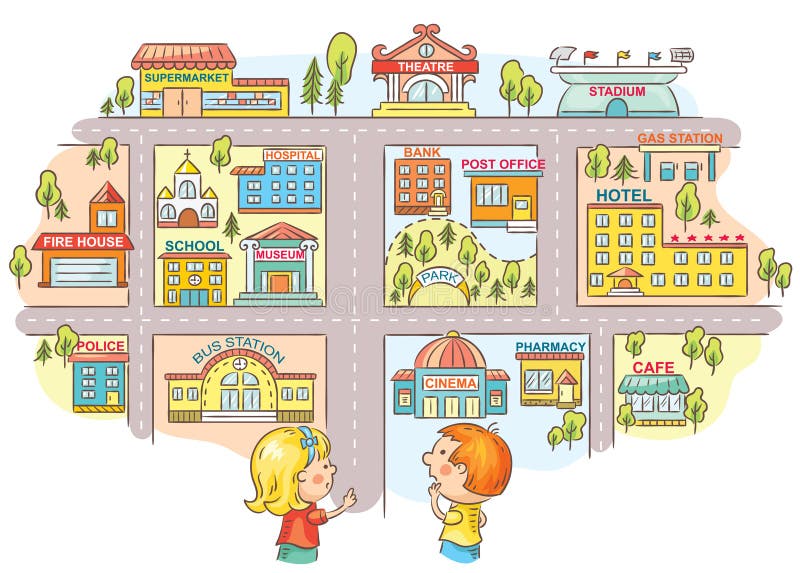 Niños que piden y que dicen la manera a diversos edificios de la ciudad libre illustration Niños que piden y que dicen la manera a diversos edificios de la ciudad libre illustration