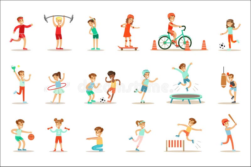 Niños que practican diversos deportes y actividades físicas en gimnasio de la clase de la educación física y al aire libre Juego ilustración del vector Niños que practican diversos deportes y actividades físicas en gimnasio de la clase de la educación física y al aire libre Juego ilustración del vector