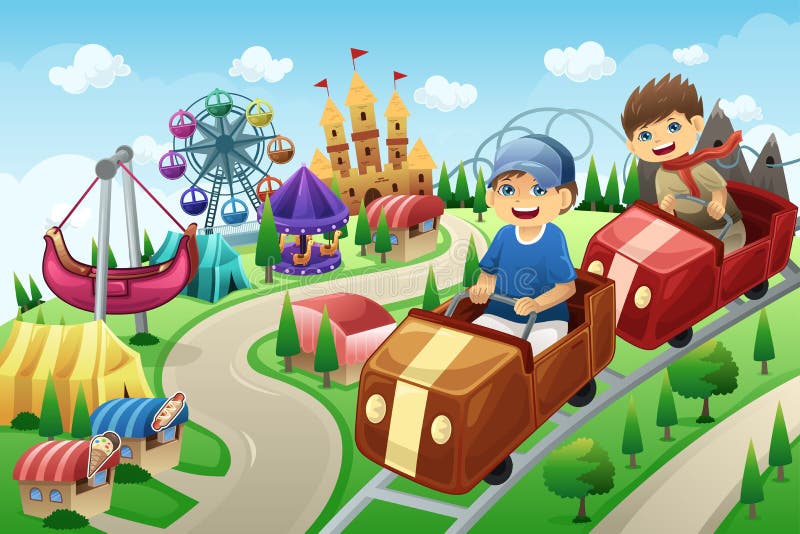 Niños que se divierten en un parque de atracciones ilustración del vector Niños que se divierten en un parque de atracciones ilustración del vector