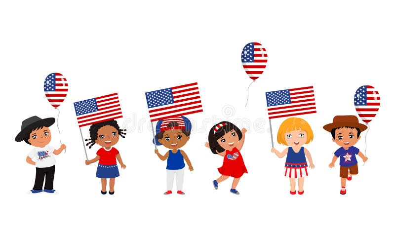 Niños que sostienen banderas y los globos de los E.E.U.U. Ilustraci?n del vector Modelo moderno del dise?o del vector ilustración del vector Niños que sostienen banderas y los globos de los E.E.U.U. Ilustraci?n del vector Modelo moderno del dise?o del vector ilustración del vector