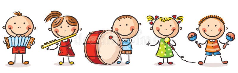Niños que tocan diversos instrumentos musicales stock de ilustración Niños que tocan diversos instrumentos musicales stock de ilustración