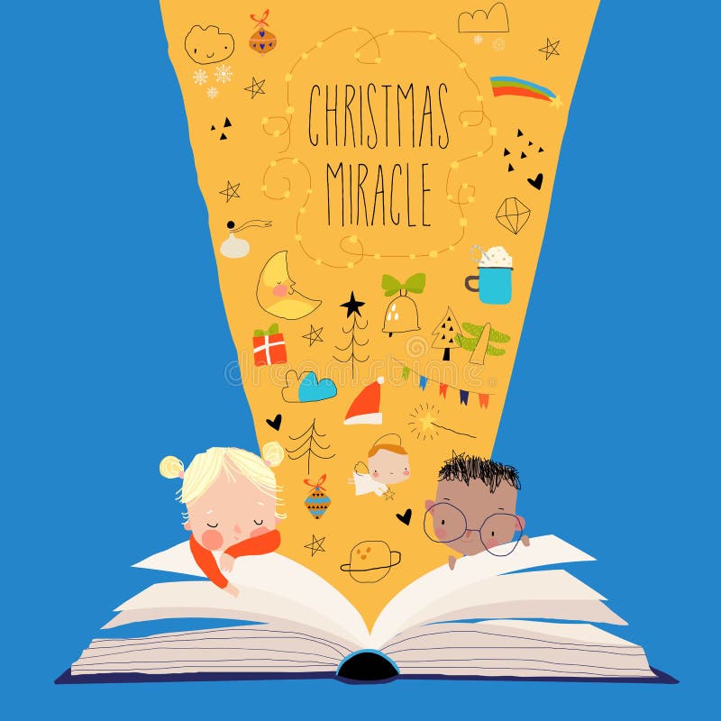 Niños sentados cerca de un gran libro abierto y esperando milagros de navidad libre illustration