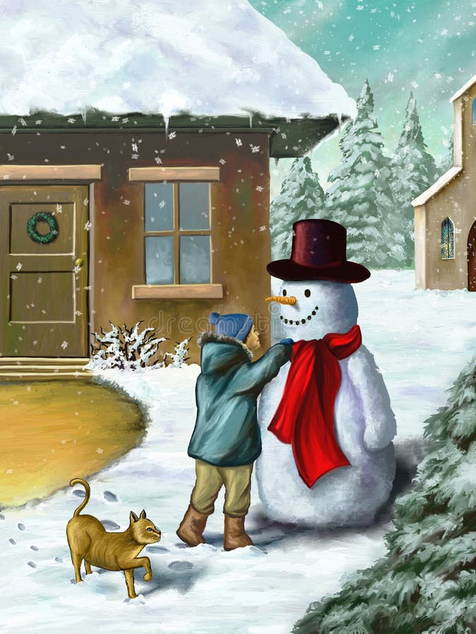 Children decorating a snowman in a beautiful winter landscape. Digital illustration. Children decorating a snowman in a beautiful winter landscape. Digital illustration.