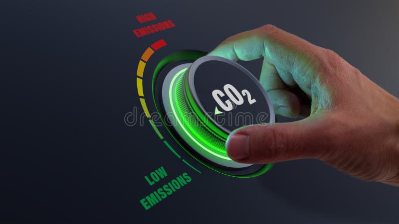 Niższe emisje co2 w celu ograniczenia globalnego ocieplenia i zmian klimatycznych. koncepcja z pokrętłem do obracania dłoni kierow Niższe emisje co2 w celu ograniczenia globalnego ocieplenia i zmian klimatycznych. koncepcja z pokrętłem do obracania dłoni kierow