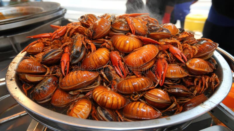 Njut av havsmatsfärgen Steamed Shells och Crawfish med Delicious Culinary Themme stock illustrationer