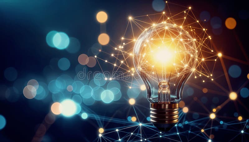Nnovation and Connection Light Bulb with Network Node Graphic Representation on Abstract Glowing Background stock illustrationer