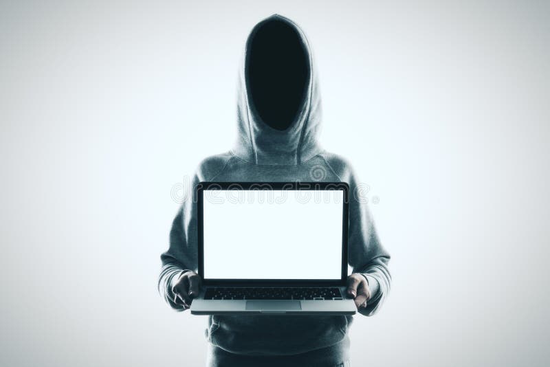 No face hacker and laptop stock photo