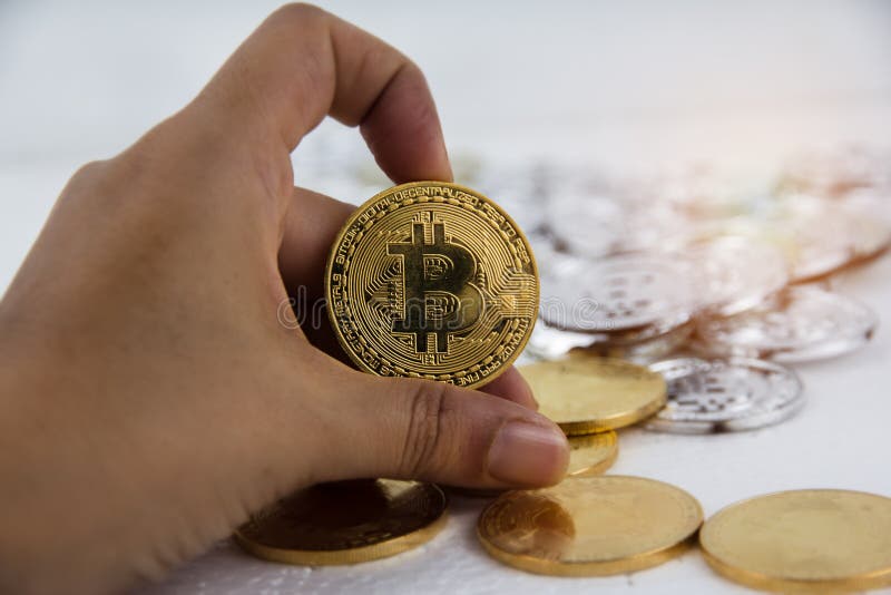 No foco seletivo do bitcoin dourado estava guardando pela mão humana fotografia de stock royalty free No foco seletivo do bitcoin dourado estava guardando pela mão humana fotografia de stock royalty free