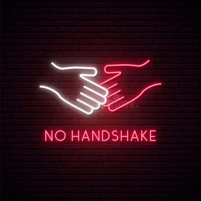 No handshake neon sign. Don`t shake hands bright STOP sign. vector illustration
