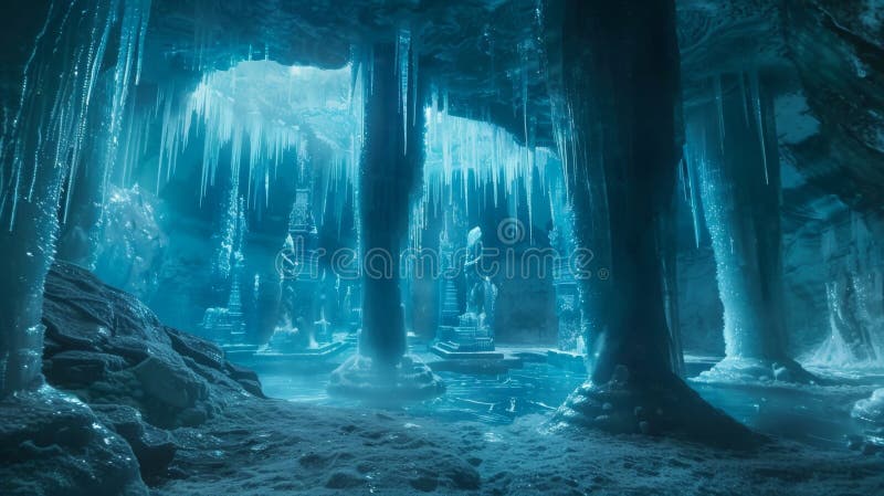 Deep within a labyrinth of icy caves lies a secret chamber filled with towering columns of ice and statues crafted from frozen tears. . . AI generated. Deep within a labyrinth of icy caves lies a secret chamber filled with towering columns of ice and statues crafted from frozen tears. . . AI generated