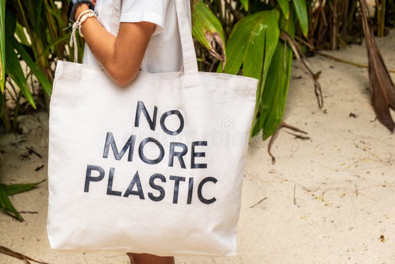 Young Girl Holding Eco Bag with Sign No More Plastic on Tropical Beach ...