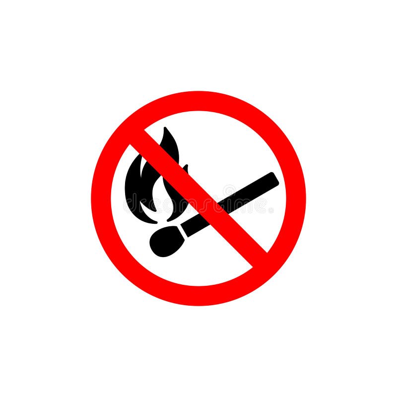 No open fire burning symbol. Black matchstick with flame in red crossed circle. Forbidden sign with burning matchstick.