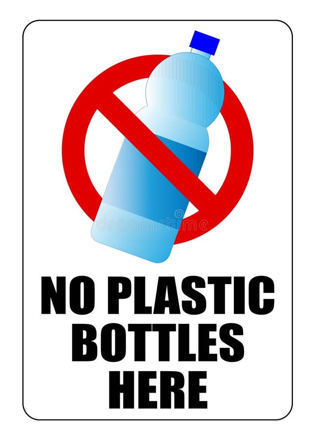No Plastic Bottles Here. Ban Sign with Silhouette and Text. Stock