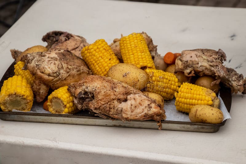 No Seafood Boil - Chicken, Corn, Root Vegetables Stock Photo - Image of