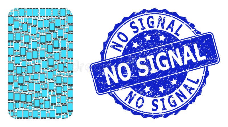 Grunge No Signal Round Watermark and Recursion Phone Screen Icon Collage vector illustration