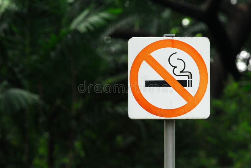 No Smoking Sign with steel pole is in a Public Park