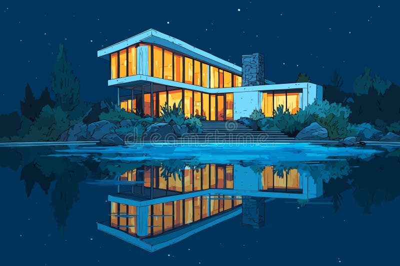 Noapte Fotografie de Casa Modernă Iluminat ridicat viață izolat stock illustration